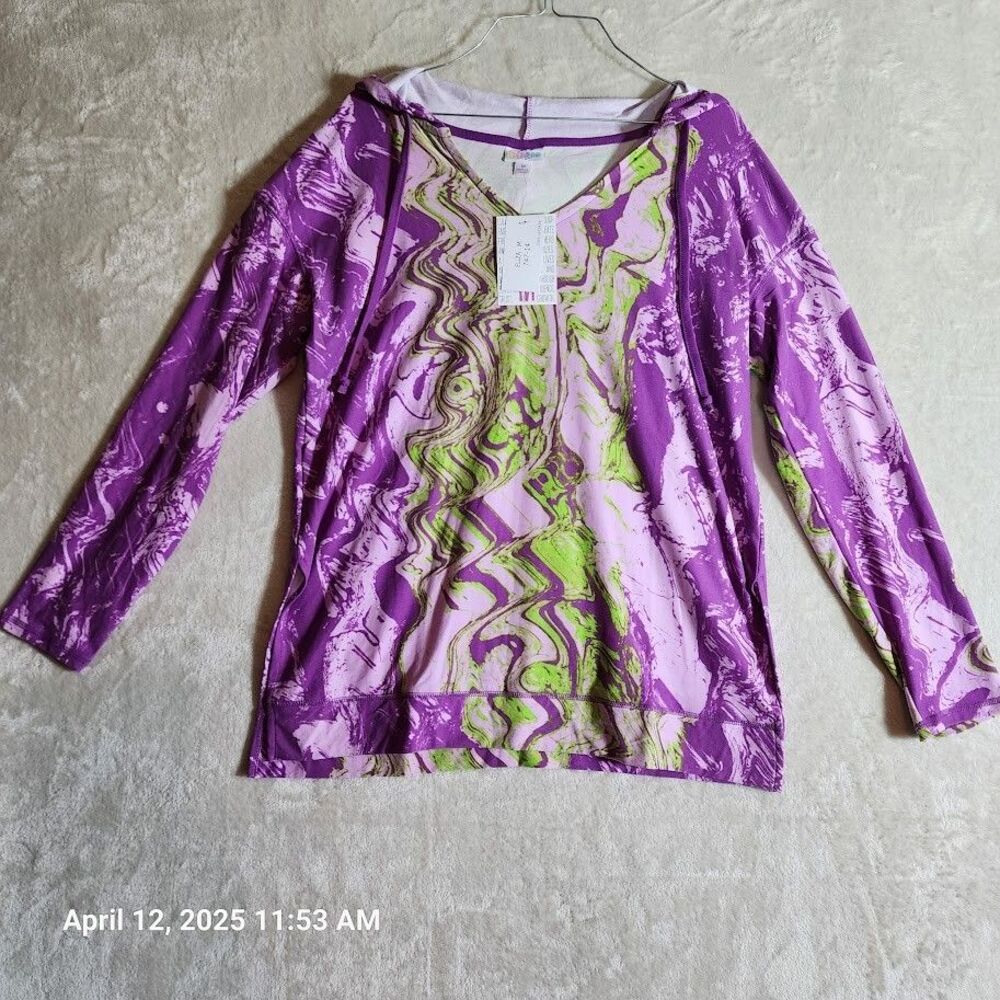 LuLaRoe Eliza Medium Hooded Top Halloween Pink Purple Tie Dye Long Sleeve Soft